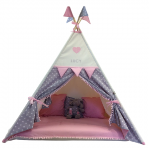 Grey Star with Pink Spot Floor Deluxe Teepee